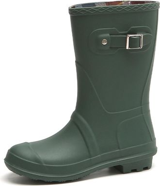 Pangolin Womens Waterproof Mid-Calf Wellington Boots, Pull-On PVC Wellies with Buckle Detail, Anti-Slip Lug Sole, Easy-Clean Garden & Walking Rain Boots Green 
