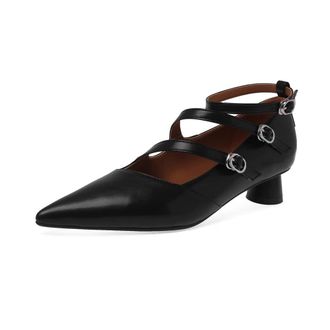 TinaCus Genuine Leather Womens Pointed Toe Handmade Buckle Straps Low Cone Heels Stylish Pumps Shoes, Black, 5 UK