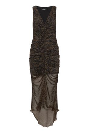 Rotate Brown Ruched Draped Leopard Print Midi Dress