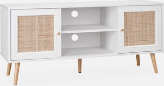 Sweeek Sweeek - Mueble Tv De Ca&ntilde;a Trenzada, 120cm, Boheme, Blanco Roto, 120x39x56.5 Cm