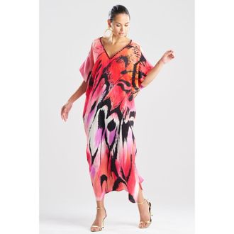 Natori Butterfly Linen Blend Caftan w/ Beading in Red at Nordstrom, Size Small