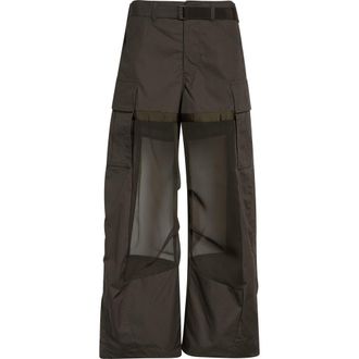 sacai Mixed Media Coated Cotton & Chiffon Wide Leg Cargo Pants in Dark Khaki at Nordstrom, Size 1