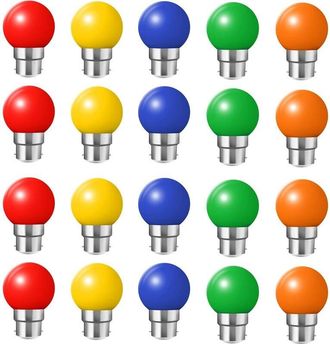 OEM Paquete De 20 Bombillas Led B22 De Colores, Casquillo De Bayoneta De 2 W, Rojo, Amarillo, Naranja, Verde, Azul, Irrompibles (equivalente A 20 W)