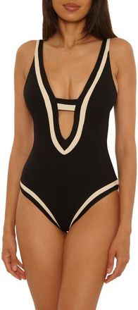 BECCA by Rebecca Virtue Coast Line Plunge One-Piece Swimsuit in Black/Tan at Nordstrom, Size Large