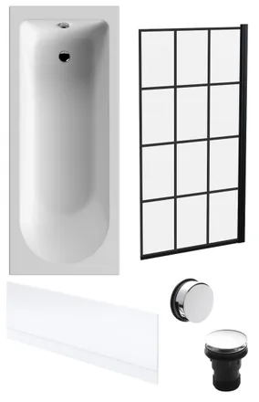 Balterley Round 1700x700 Bath - Front Panel, Black Square Screen & Chrome Waste in White