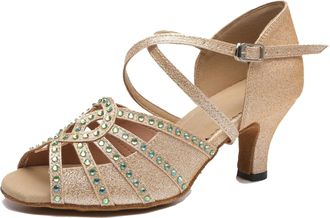 Minitoo Ladies Latin Ballroom Dance Shoes with Rhinestones Formal Party Sandals L518 Light Gold 6cm Heel UK 3.5