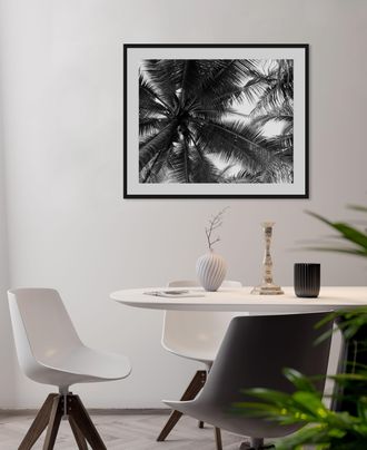 Queence Bild »Mary« Foto Himmel Palmen Pflanzen Pflanzenbilder Schwarz-Weiss 1 Stk. tlg. HD Premium Poster-Druck inkl. Holzrahmen