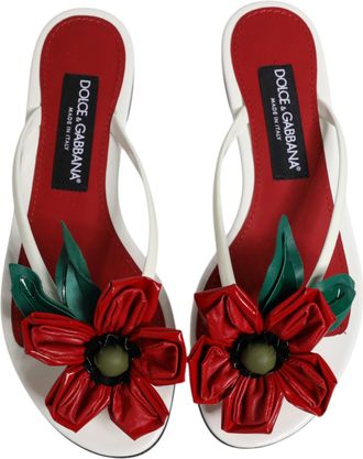 Dolce & Gabbana Womens Red White Keira Flower Leather Sandals Shoes And Calf
