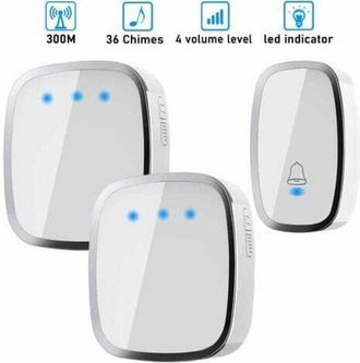 OEM Sonnette Sans Fil - Port&eacute;e 300 M - &Eacute;tanch&eacute;it&eacute; Ip44 - 36 M&eacute;lodies - 4 Niveaux Volume - Signal Led - Pour Maison Bureau - Kit 2 &Eacute;metteurs + 1 R&eacute;cepteur