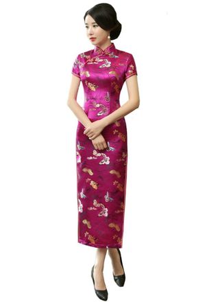 ACVIP Butterfly Brocade Short Sleeve Long Chinese Dress Cheongsam for Women (UK 14-Tag XXXL, Rose Red)
