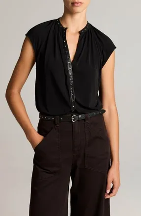 Vince Studded Split Neck Jersey Top in Black at Nordstrom, Size Xx-Small