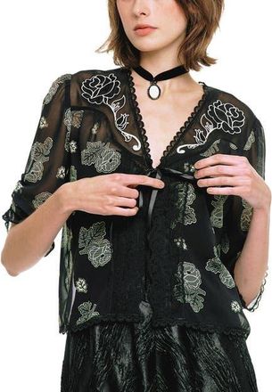 Anna Sui Lily and Roses Chiffon Combo Embroidered Bed Jacket in Black at Nordstrom, Size Medium