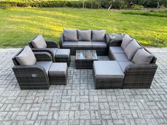 Fimous High Back Rattan Garden Furniture Set with Square Coffee Table 3 Footstools Side Table Indoor Outdoor Patio Lounge Sofa Set in Dark Grey