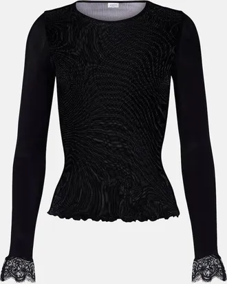 Saint Laurent Lace-trimmed ribbed-knit silk top