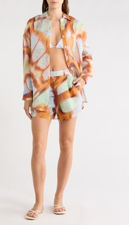 Vitamin A Playa Oversize Linen Cover-Up Shirt in Malachite Butterfly at Nordstrom, Size X-Small