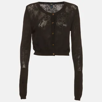 Roberto Cavalli Cavalli Class Black Floral Patterned Knit Cropped Cardigan