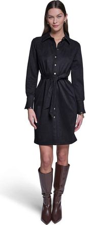 Halston Heritage Long Sleeve Suede Shirt Dress in Black at Nordstrom, Size 14