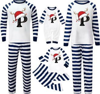 Generic Family Christmas Pyjamas Set Stripe Letter Print Crew Neck Homewear Long Sleeve Thin Fleece Xmas Pjs Sets Relaxed-Fit Lightweight Matching Pyjamas Fun