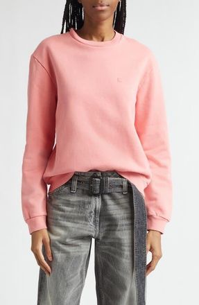 Acne Studios Embroidered Face Patch Fleece Sweatshirt in Tango Pink at Nordstrom, Size X-Large