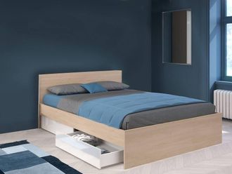 Vente-Unique Bed With 2 Drawers 160 X 200 Cm - Colours: Natural & Shiny White + in Light Oak | Size: Double