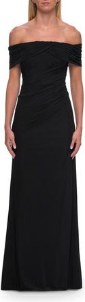 La Femme Off-the-Shoulder Ruched Jersey Gown in Black at Nordstrom, Size 18