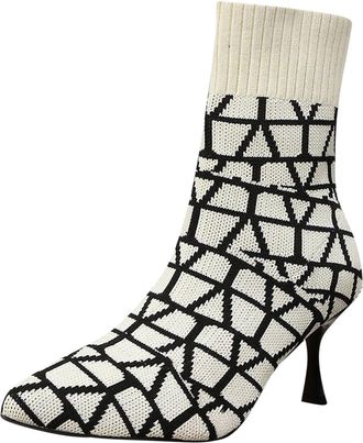 Generic Beige Womens Square Toe Design Socks Boots Print Flying Woven Stretch Knitted High Heel Short Boots Fashion Casual Fall Winter Comfortable Walking Sho