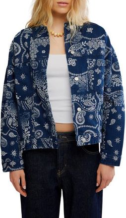 Free People Opal Swing Print Denim Jacket in Navy Combo- Bandana at Nordstrom, Size X-Large