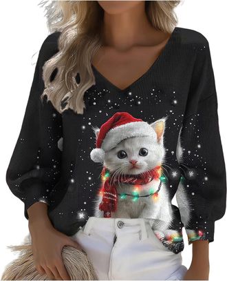 Generic Christmas Waffle Sweatshirts for Women UK Plus Size Cute Kitten Print Jumpers Oversized Lantern Sleeve V-neck Pullover Sweater Blouse Ladies Womens Y2