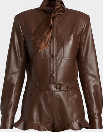 Self Portrait Faux-Leather Ruffled-Hem Playsuit