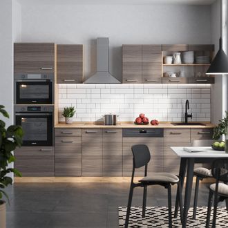 Vicco Mueble De Cocina R-line, Gris Noble/roble Dorado, 300 Cm Con Armario Alto, Sin Encimera