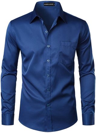 PARKLEES Mens Urban Stylish Casual Business Slim Fit Long Sleeve Button Up Dress Shirt with Pocket Navy Blue XXL