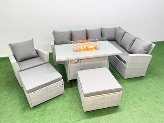 Fimous Outdoor Furniture Garden Dining Set Gas Firepit Table with 2 Big Stool in Light Grey