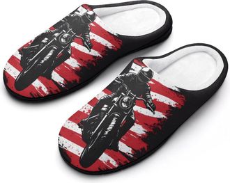 Generic Motorbike Got Dirt U.S. Flag Mens House Slippers Memory Foam Washable Cotton Slip on Home Shoes