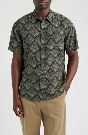 Nn.07 Deon 50055 Abstract Print Short Sleeve Button-Up Shirt in Dark Army at Nordstrom, Size Xx-Large