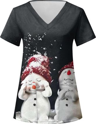 Generic Christmas Scrubs Tops Nurse Uniforms Beauty Tunic Dog Grooming Cat Grooming Xmas Costume Cute Elk Printed V Neck Spa Nail Salons Womens Christmas Scru