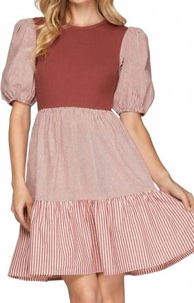 She + Sky Ribbed And Striped Mini Dress In Red Bean