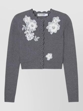 Self Portrait cashmere blend cropped floral appliqu&eacute; knit cardigan
