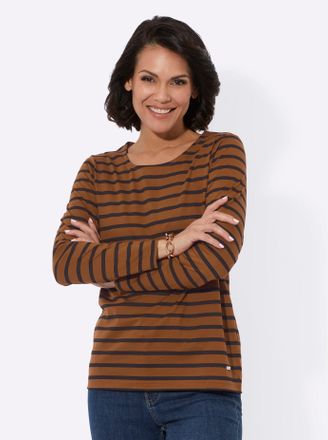 Casual Looks Langarmshirt CASUAL LOOKS Shirt, Damen, Gr. 54, braun (cognac, schwarz, geringelt), 100% Baumwolle, gemustert, gestreift, mehrfarbig, Rundhals, Shirts