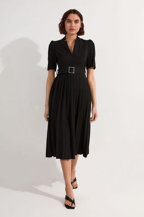 Karen Millen Womens Petite Tailored Structured Crepe Forever Pleat Midi Dress - Black - Size 12 UK