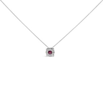 House of Brilliance 14K White Gold Red Ruby and 1/3 Cttw Diamond Halo Pendant Necklace