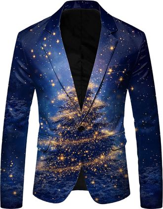 Generic Christmas Blazer for Men Slim Fit One Button Notched Lapel Blazer Jacket for Men with Pockets Business Lightweight Mens Blazers Xmas Costume