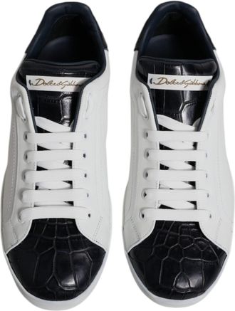 Dolce & Gabbana Mens White Black Leather Portofino Sneakers Shoes And Calfskin Crocodile