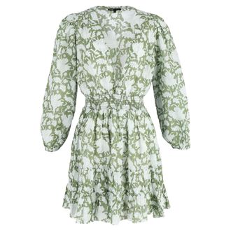 Maje mini-jurk met plooien en bloemenprint in groene katoen