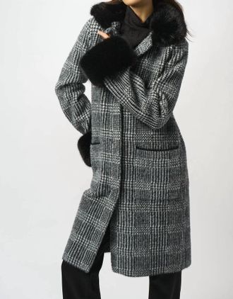 Joseph Ribkoff Plaid Print Faux Fur Coat In Black/white