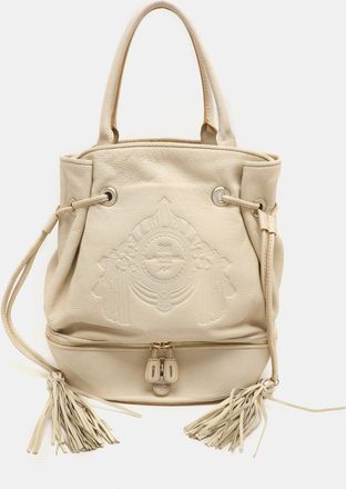Lancel Cream Leather Drawstring Tassel Tote