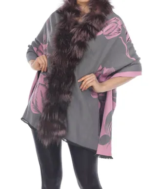 Belle Fare Real Silver Fox Trim Cashmere Blend Floral Wrap Cover-Up In Grey/pink