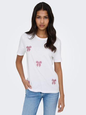 Only Kurzarmshirt ONLY ONLKITA REG S/S PRINT TOP NOOS, Damen, Gr. XL, hellwei&szlig; detail:rosy touch cute bows, Jersey, Obermaterial: 100% Baumwolle, bedruckt,