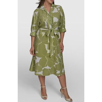 DKNY Print Tie Waist Midi Shirtdress in Kiwi/Cream at Nordstrom, Size 16W