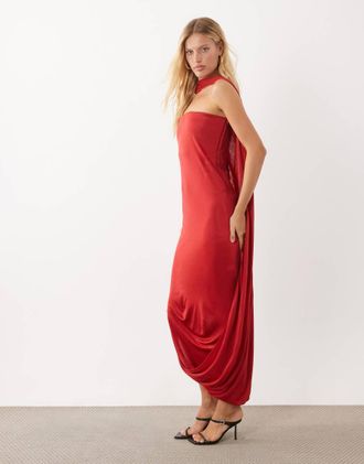Mango vestito lungo rosso con dettaglio foulard e spalle scoperte