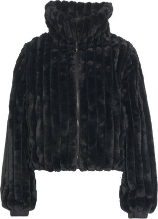 Save The Duck Cropped Black Faux Fur Jacket With High Collar And Textured Ribbed Finish